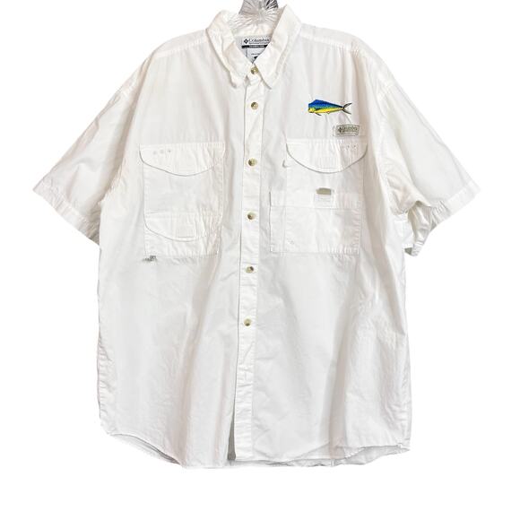Columbia PFG Button Up Fishing Shirt Adult Large Short Sleeve Vented White - Picture 1 of 7